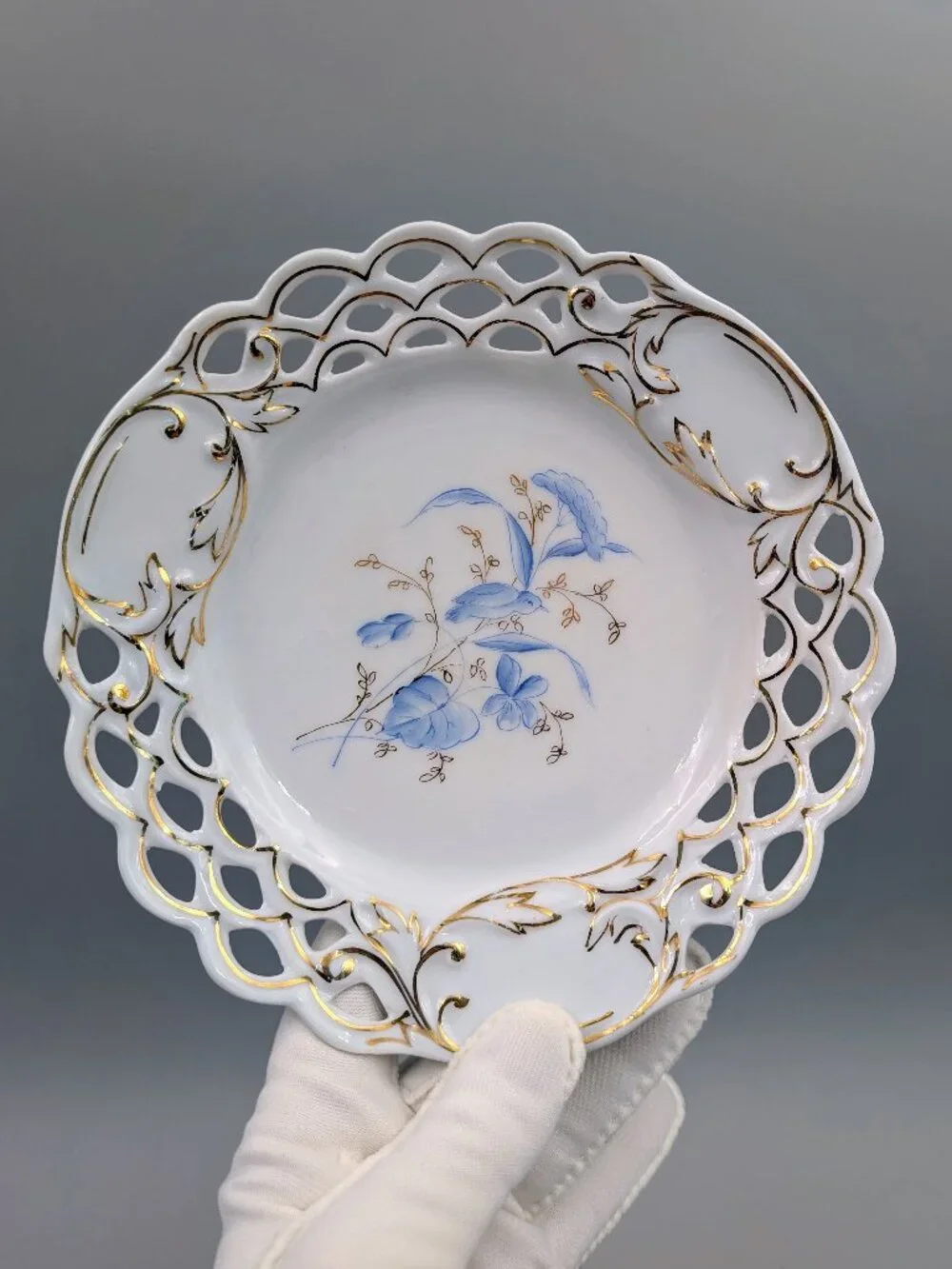Set of 4 Antique Reticulated Porcelain Plates - Blue & White Floral with Hand Gi